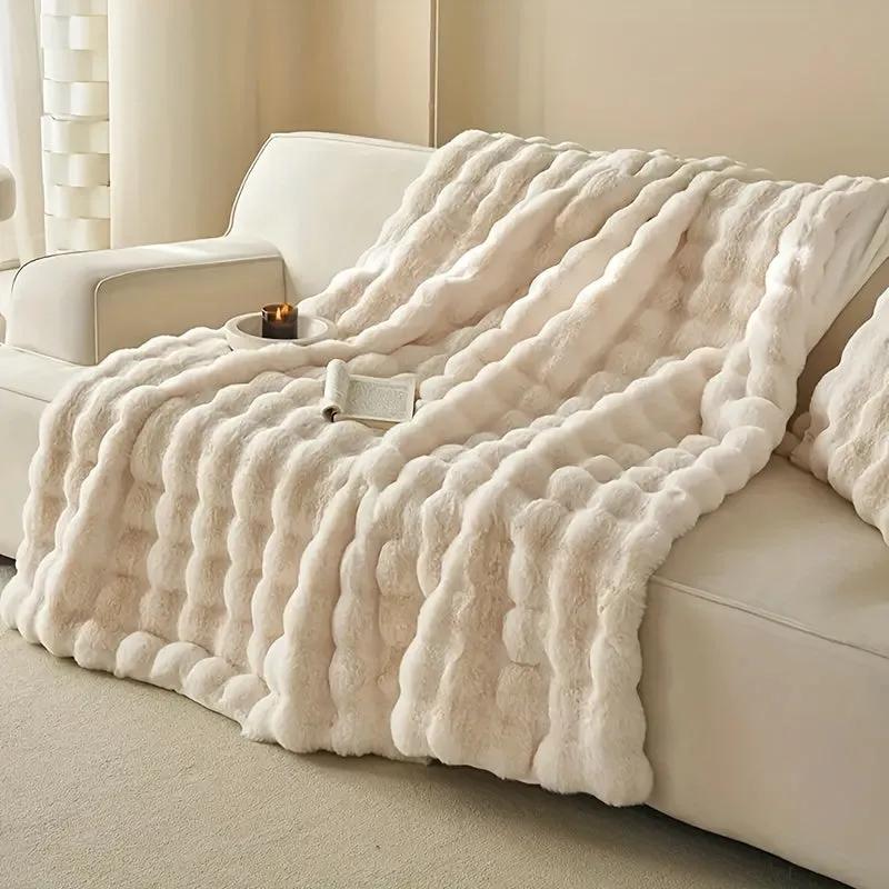 1pc Faux Rabbit Fur Bubble Fleece Casual Throw Blanket Light Luxury Sofa Blanket Air Conditioning Blanket Thickened Warm Nap Fleece Blanket