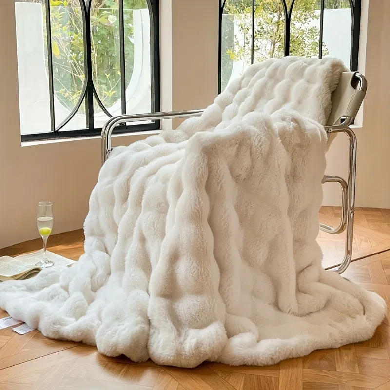 1pc Faux Rabbit Fur Bubble Fleece Casual Throw Blanket Light Luxury Sofa Blanket Air Conditioning Blanket Thickened Warm Nap Fleece Blanket