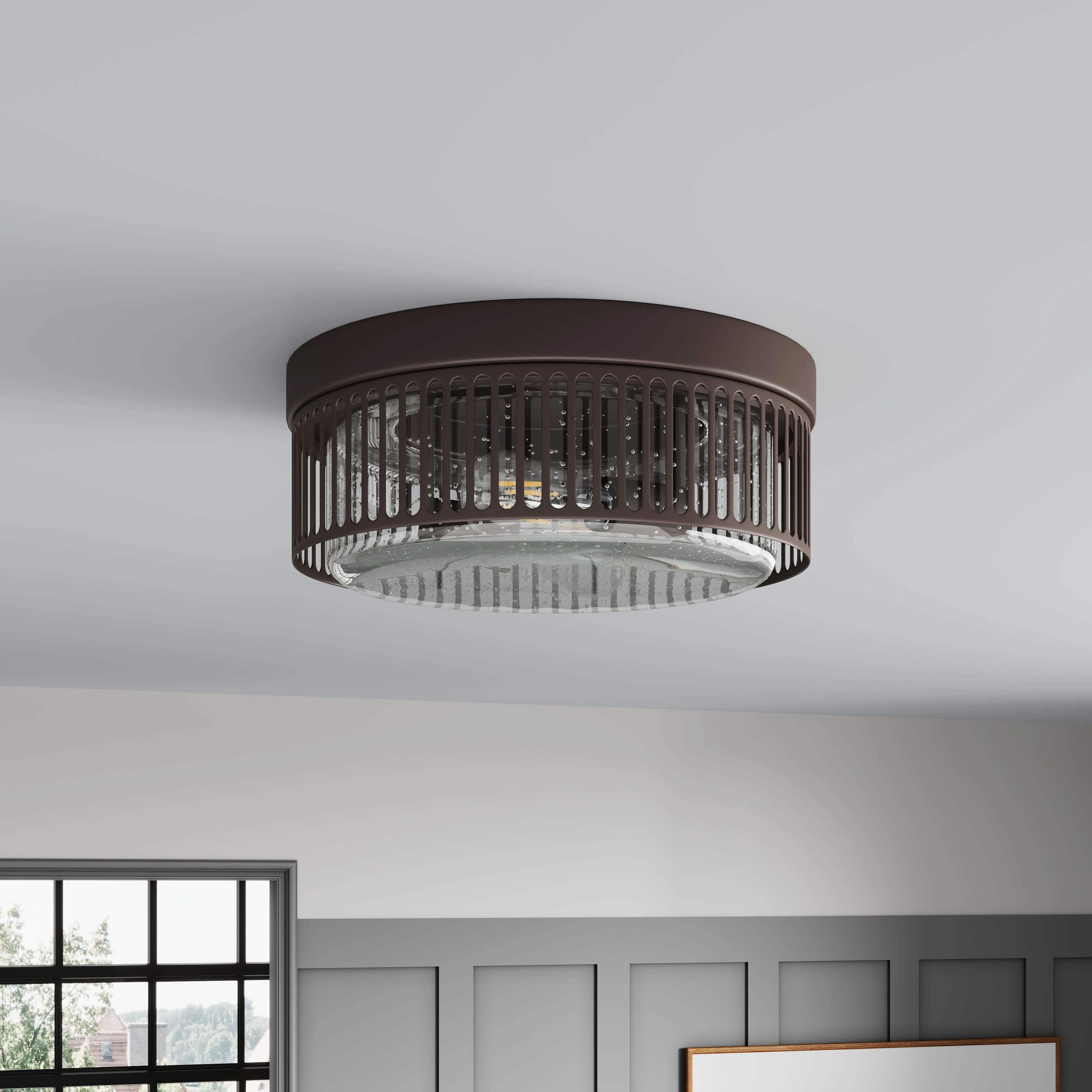 2-Lights Round Cage with Brown Flush Mount Lighting