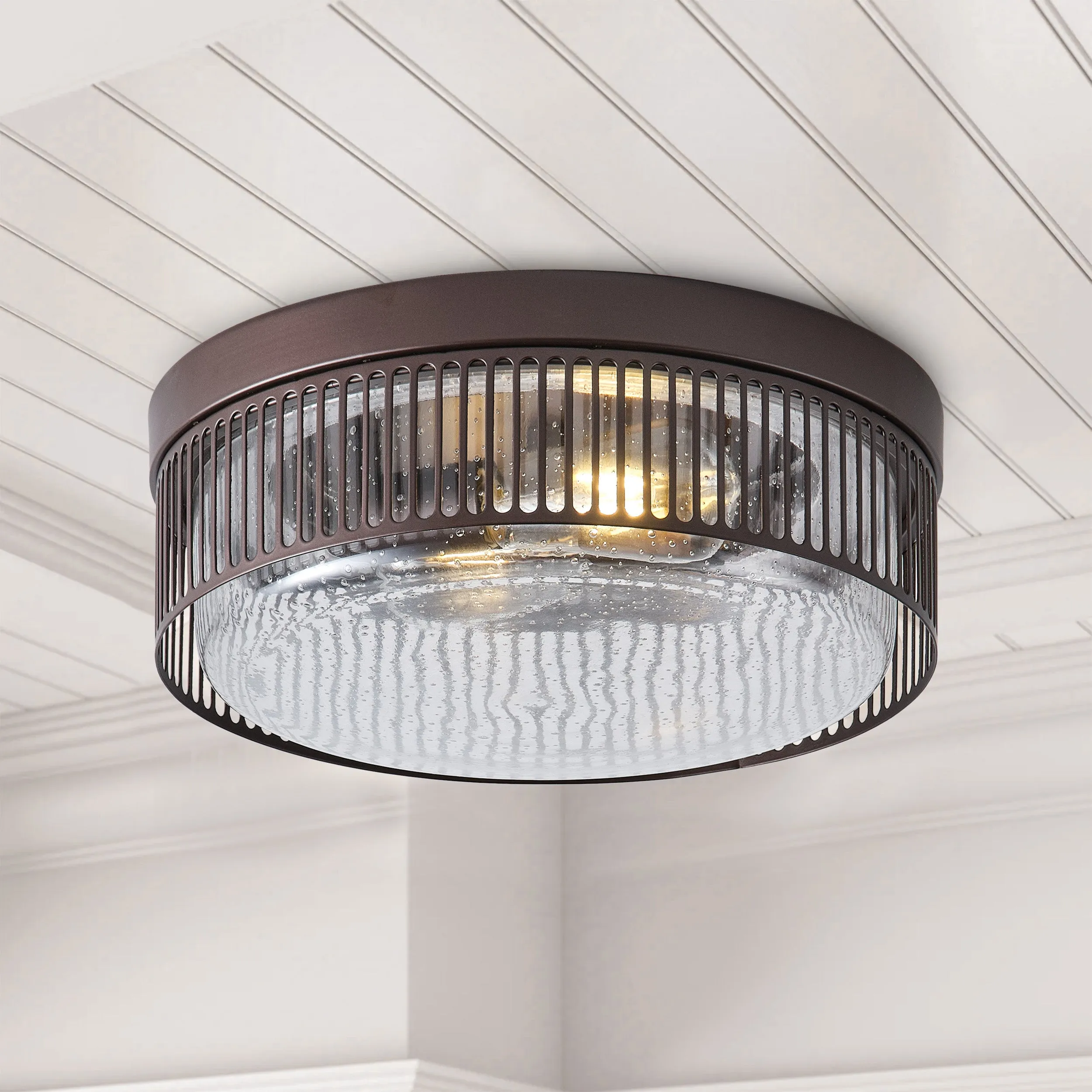 2-Lights Round Cage with Brown Flush Mount Lighting