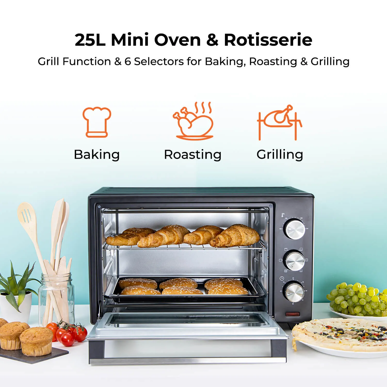 25L Electric Mini Oven Cooker With Grill and Rotisserie