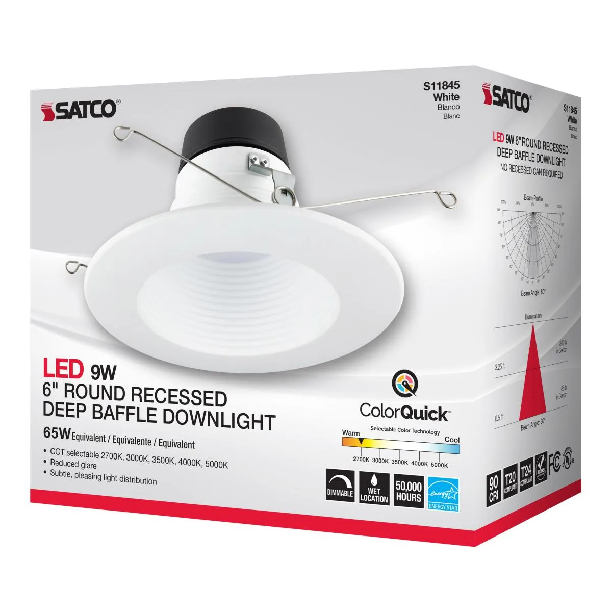 6 inch Deep Baffle LED Recessed Can Light, 9 Watts, 800 Lumens, Selectable 2700K to 5000K