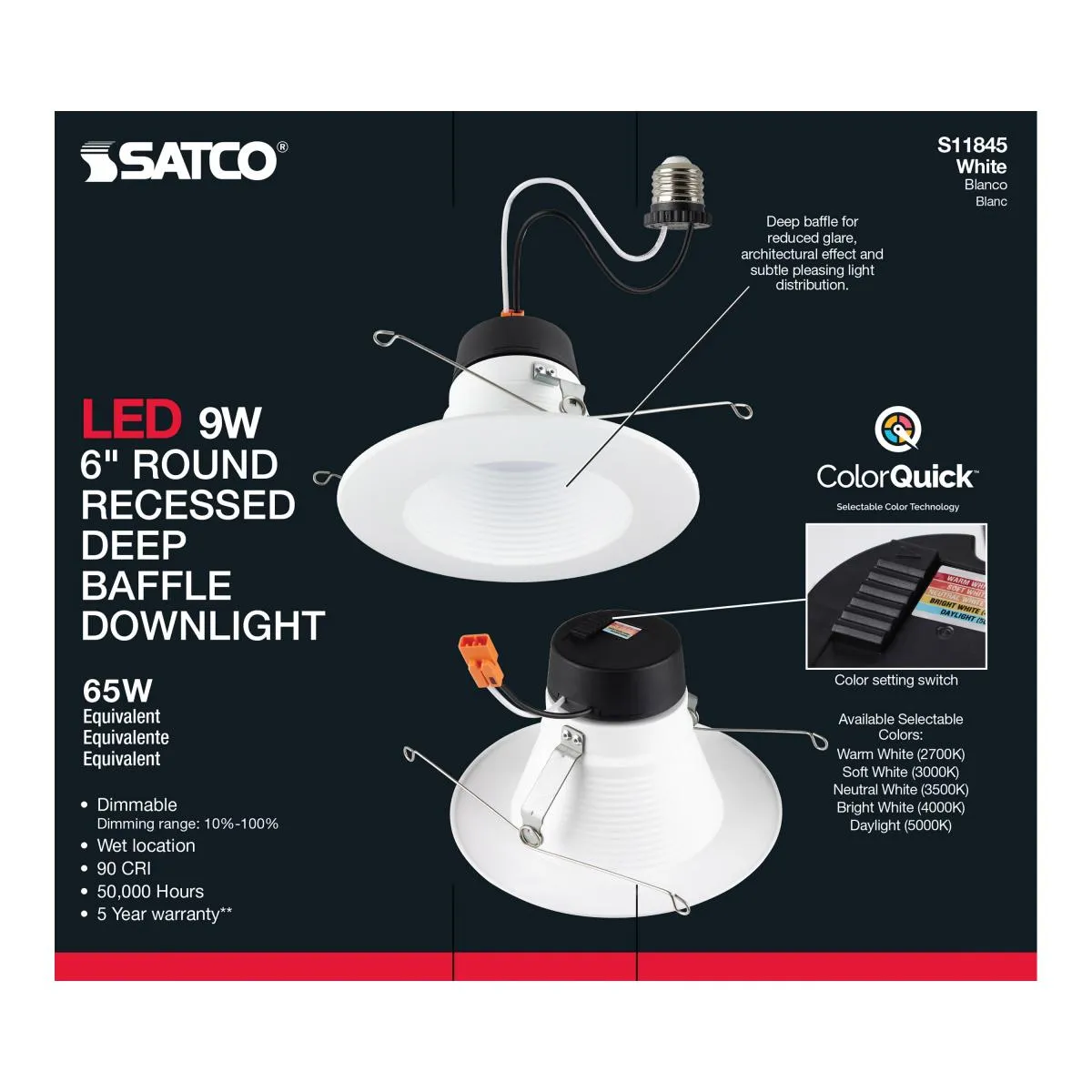 6 inch Deep Baffle LED Recessed Can Light, 9 Watts, 800 Lumens, Selectable 2700K to 5000K