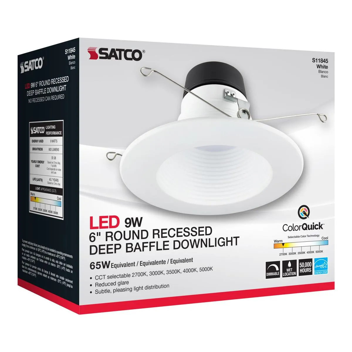 6 inch Deep Baffle LED Recessed Can Light, 9 Watts, 800 Lumens, Selectable 2700K to 5000K