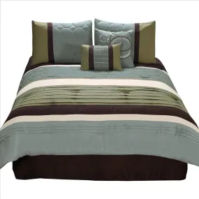 6 Piece Queen Comforter Set with Pleats and Embroidery, Green and Blue By Casagear Home