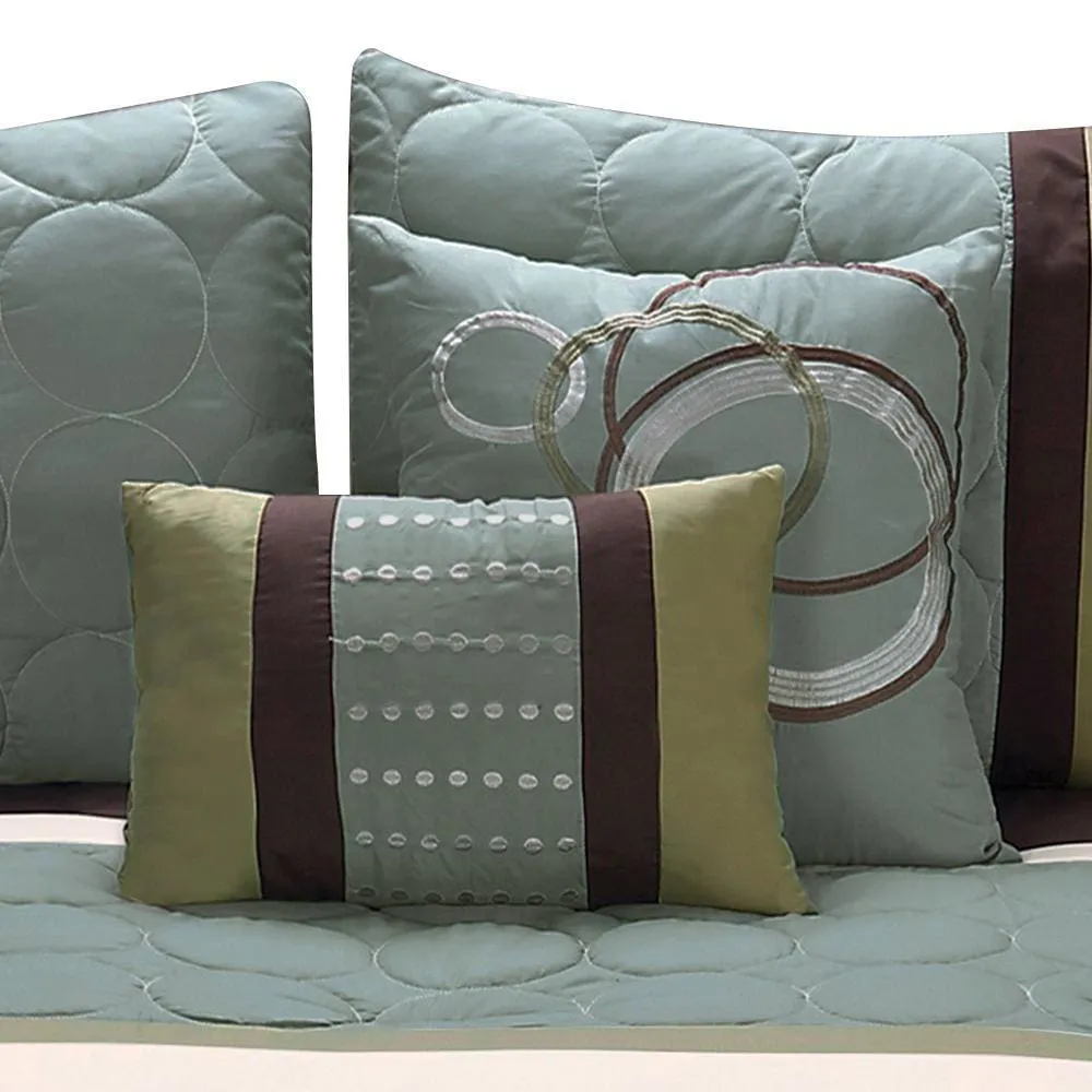 6 Piece Queen Comforter Set with Pleats and Embroidery, Green and Blue By Casagear Home