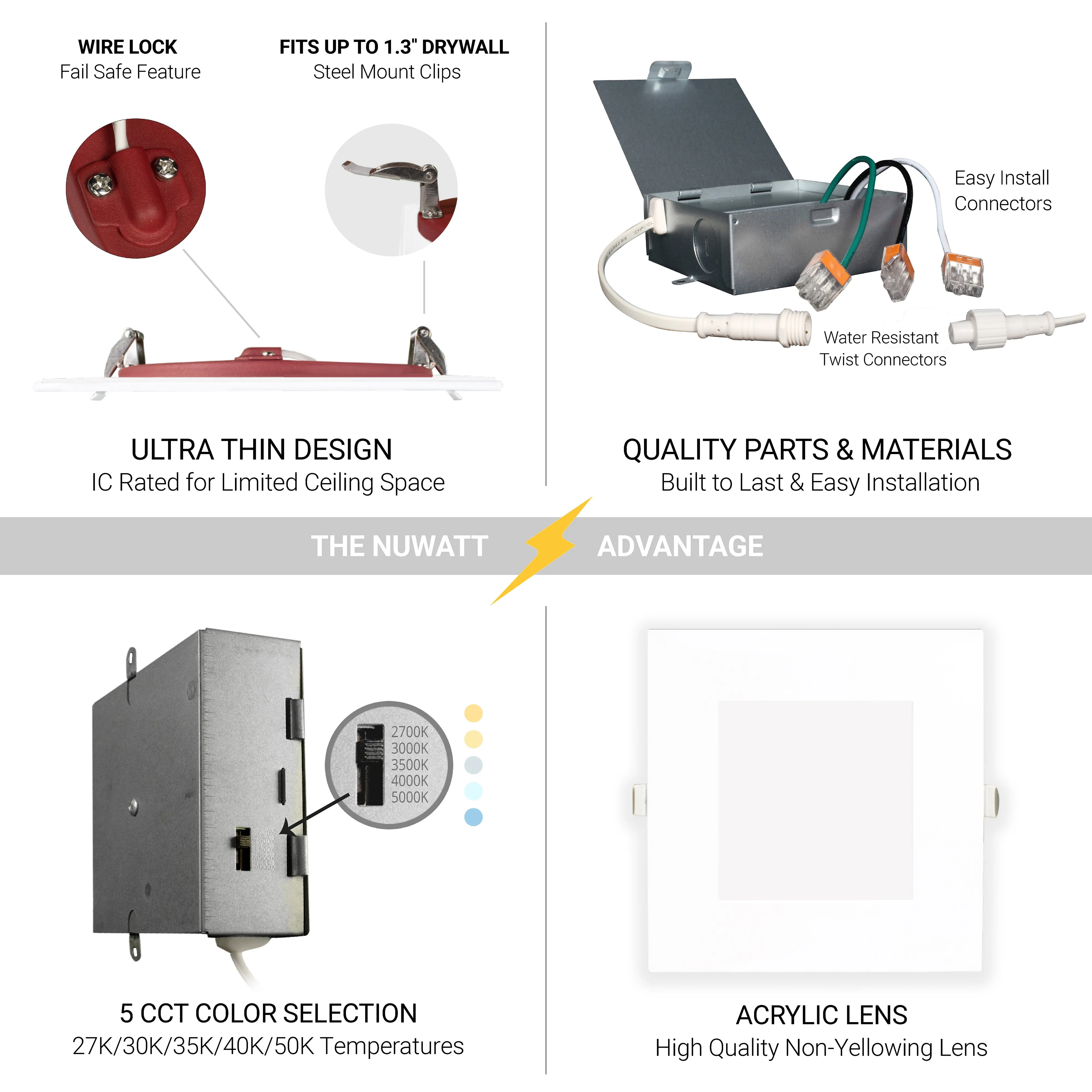 6" Inch Square 2 Hour Fire Rated Recessed Light Slim Canless LED Wafer Lights - Wet Rated - 5CCT 2700K-5000K - 1200LM