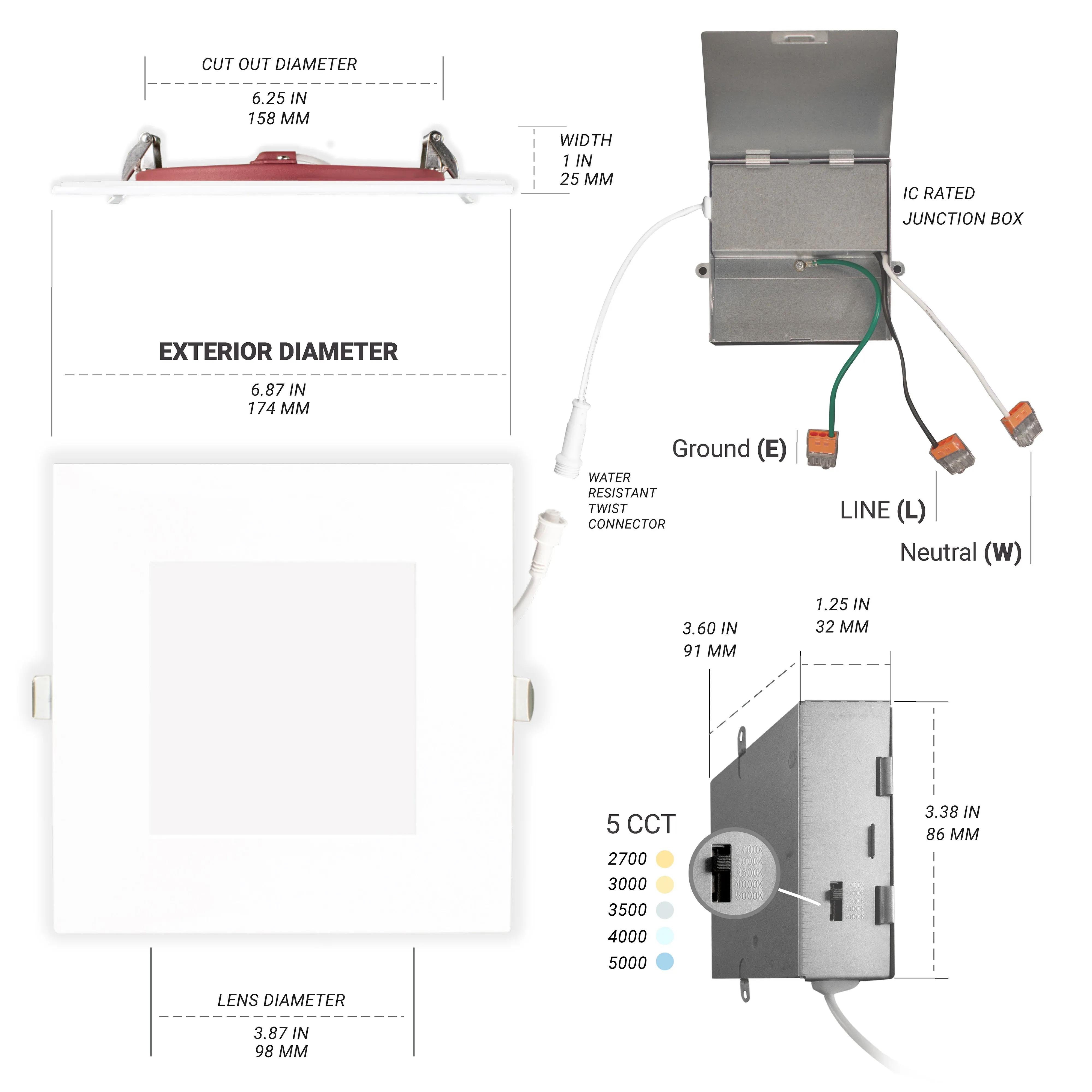 6" Inch Square 2 Hour Fire Rated Recessed Light Slim Canless LED Wafer Lights - Wet Rated - 5CCT 2700K-5000K - 1200LM