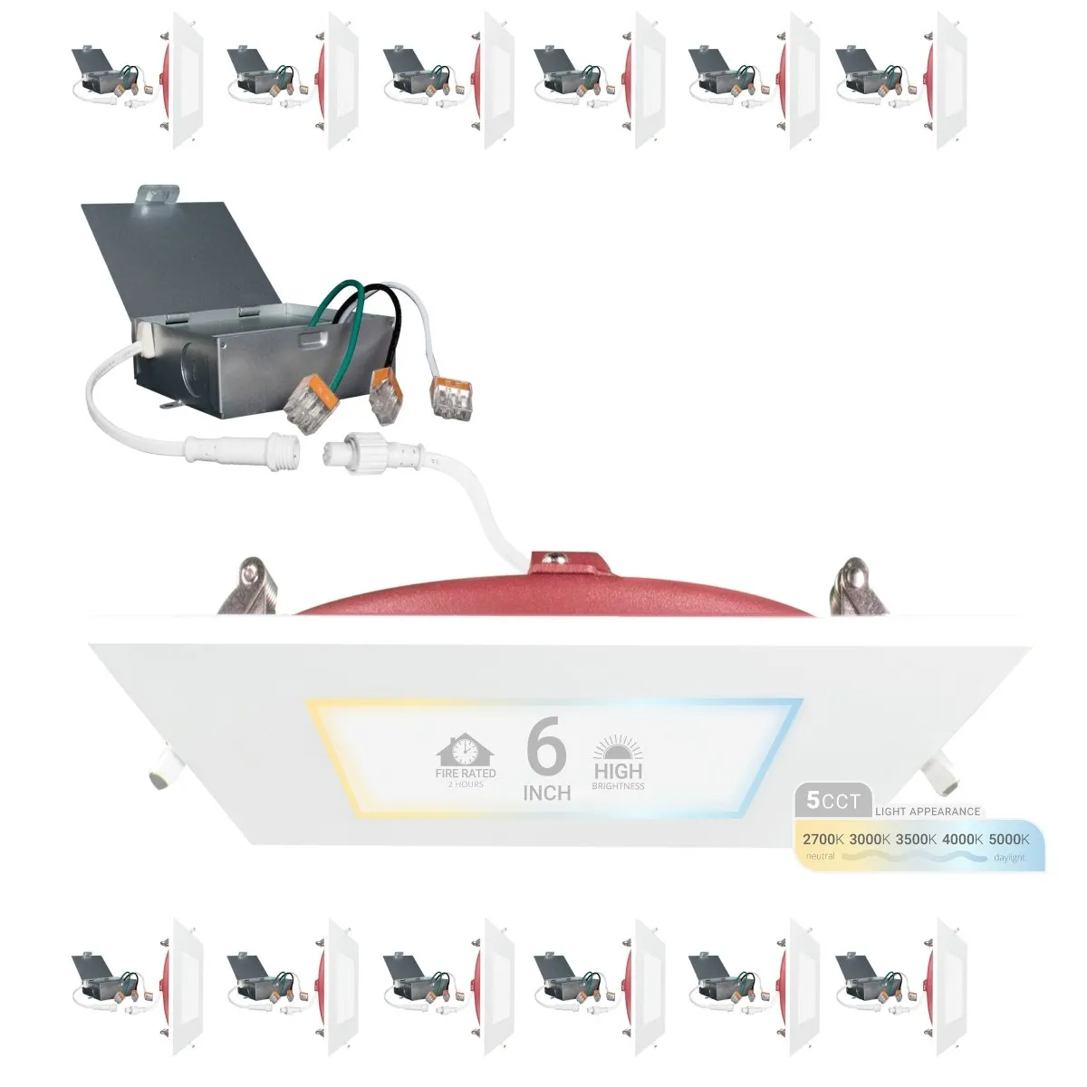 6" Inch Square 2 Hour Fire Rated Recessed Light Slim Canless LED Wafer Lights - Wet Rated - 5CCT 2700K-5000K - 1200LM