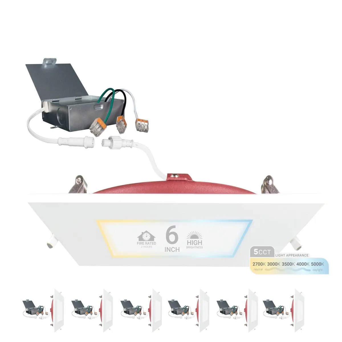 6" Inch Square 2 Hour Fire Rated Recessed Light Slim Canless LED Wafer Lights - Wet Rated - 5CCT 2700K-5000K - 1200LM