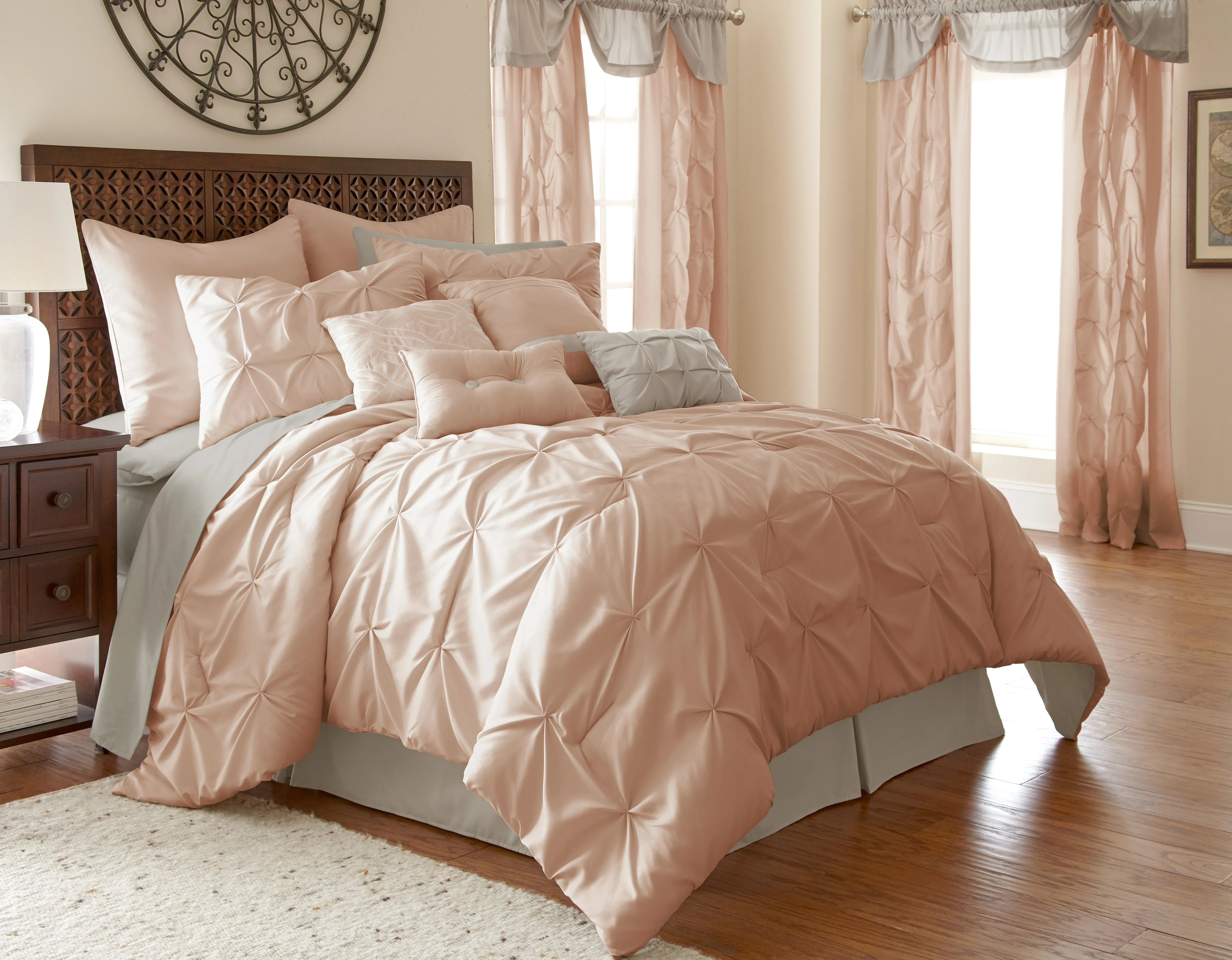 Angers 24 Piece Pin Tuck Polyester Queen Size Comforter Set The Urban Port, Pink