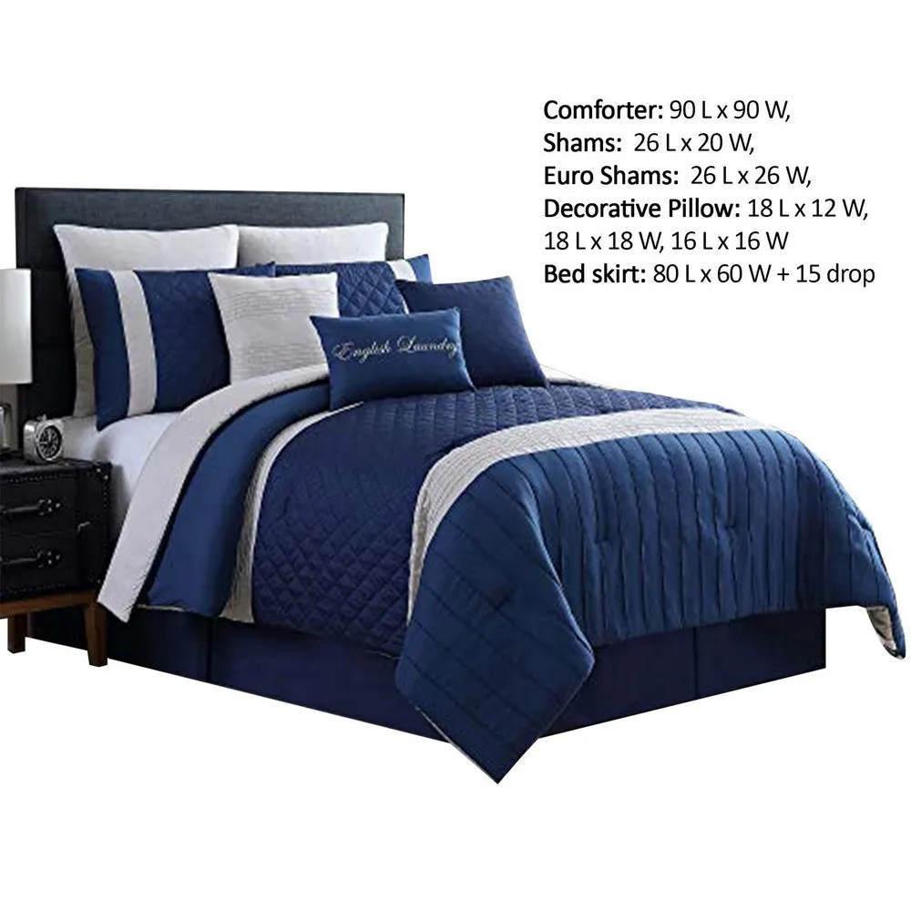 Basel Pleated Queen Comforter Set with Diamond Pattern The Urban Port, Blue and White By Casagear Home