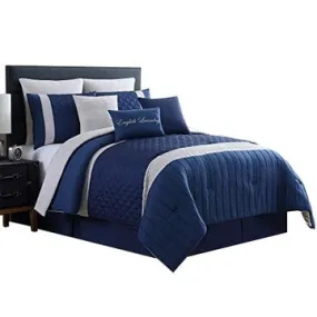 Basel Pleated Queen Comforter Set with Diamond Pattern The Urban Port, Blue and White By Casagear Home