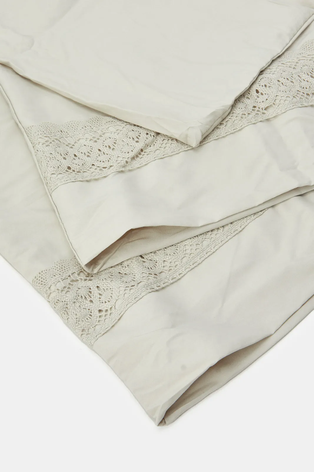 Beige 3 Piece Lace Trim Duvet Cover Set (Double Size)