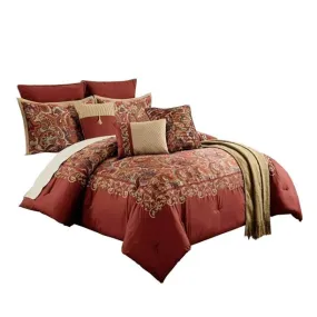 Benzara 14 Piece Polyester Queen Comforter Set with Paisley Print, Red