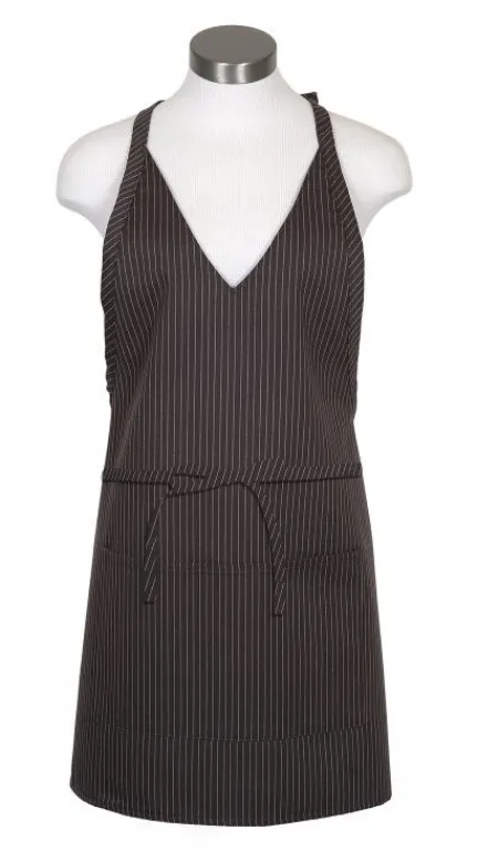 Charcoal V-Neck Pinstripe Bib Adjustable Apron (2 Patch Pockets)