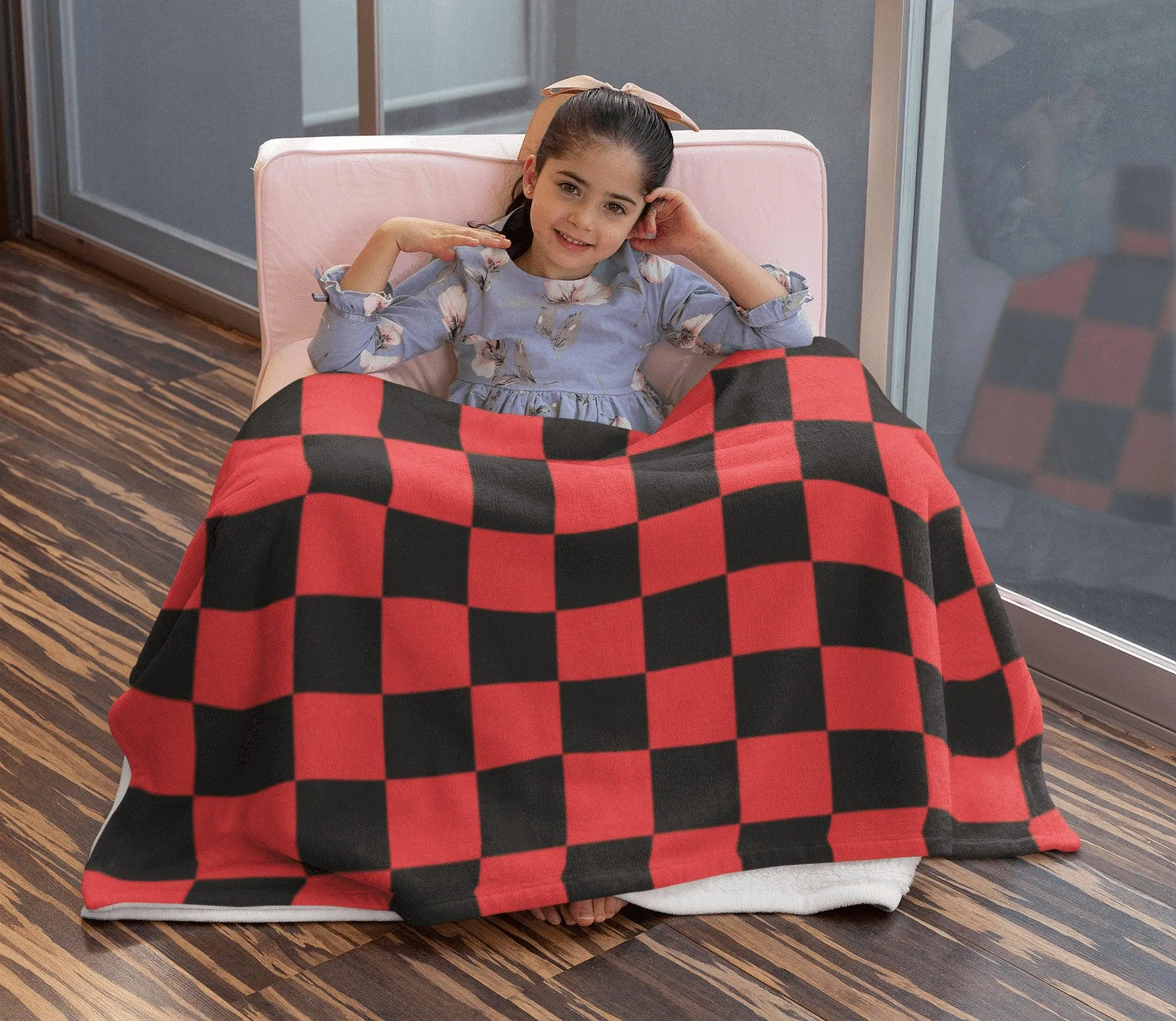 Chess Board Inspired Check Pattern Red Soft Fluffy Velvet Flannel Fleece Throw Blanket