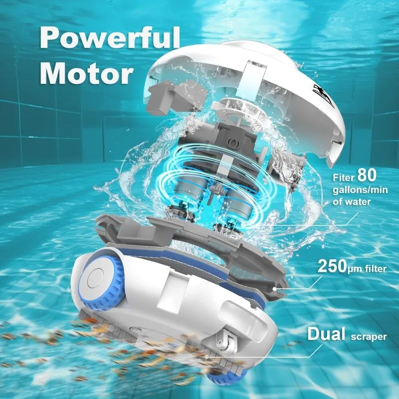 Cordless Robotic Pool Cleaner - Powerful Suction Rechargeable Battery Pool Vacuum