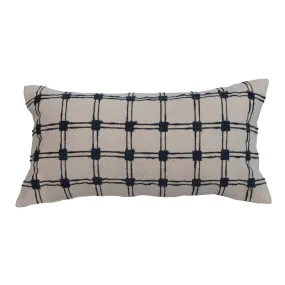 Cotton Slub Embroidered Lumbar Pillow w/ Grid Pattern, Blue & Natural