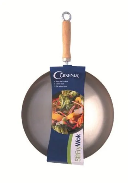 Cuisena 30cm Carbon Steel Stir Fry Wok With Flat Bottom Base