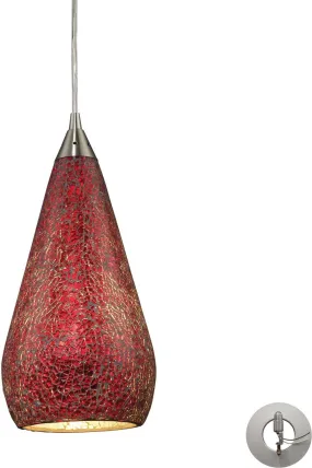 Curvalo 1 Light Pendant In Satin Nickel and Ruby Crackle Glass - Includes Recessed Lighting Kit