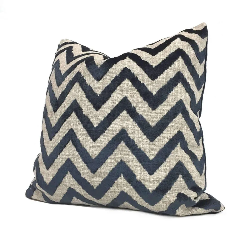 Designer Navy Blue Velvet Ikat Chevron Decorative Throw Pillow Cover