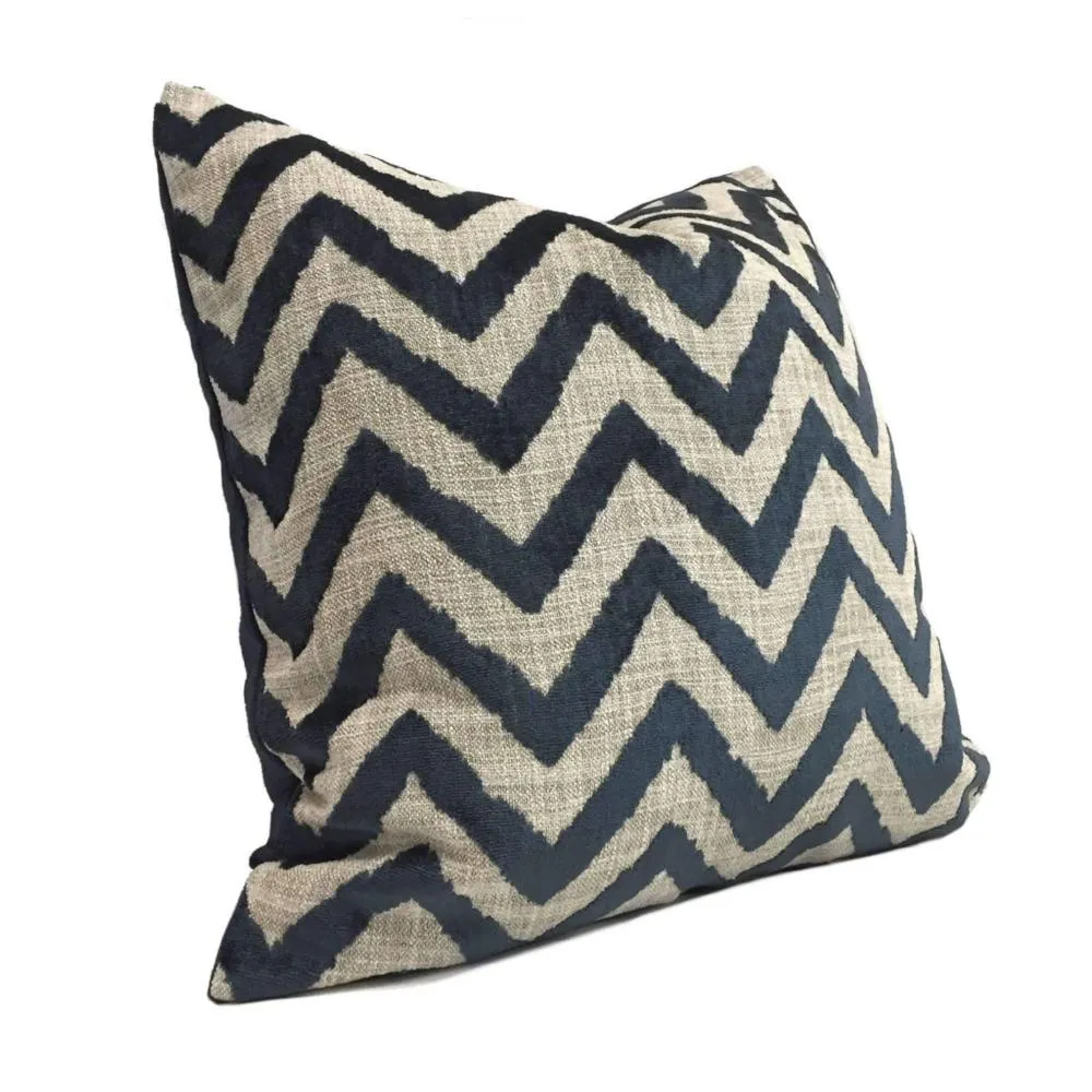 Designer Navy Blue Velvet Ikat Chevron Decorative Throw Pillow Cover