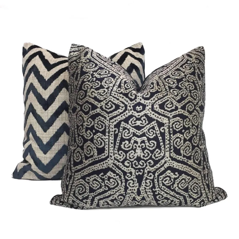 Designer Navy Blue Velvet Ikat Chevron Decorative Throw Pillow Cover