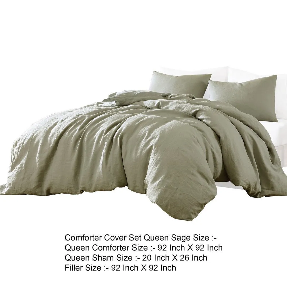 Edge 4 Piece Queen Size Duvet Comforter Set, Washed Linen, Sage Green By Casagear Home