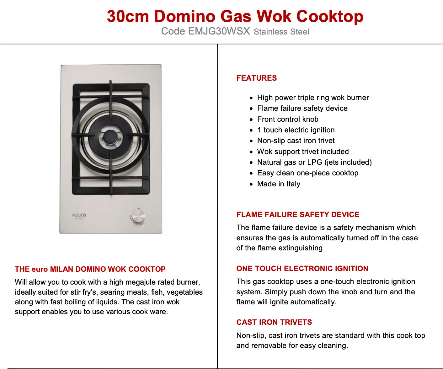 Euro Appliances EMJG30WSX 30cm Domino Wok Natural Gas Cooktop - Special Order