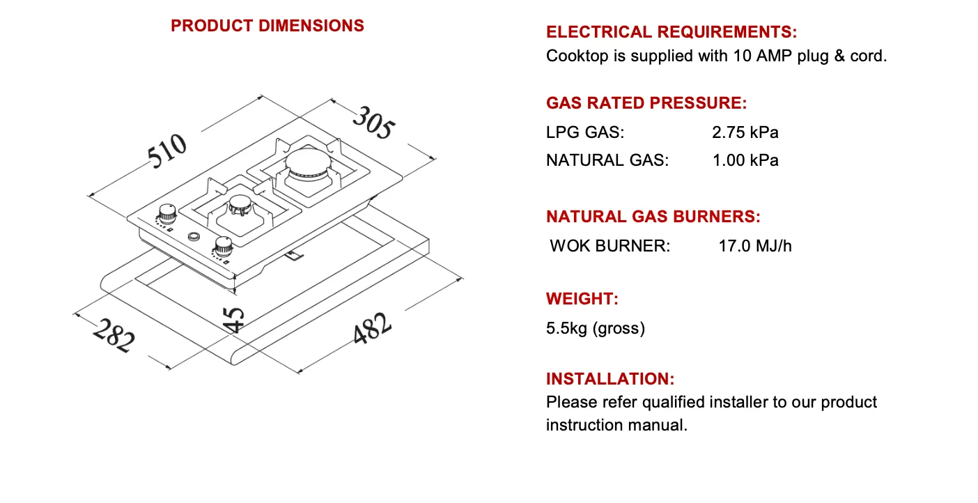 Euro Appliances EMJG30WSX 30cm Domino Wok Natural Gas Cooktop - Special Order