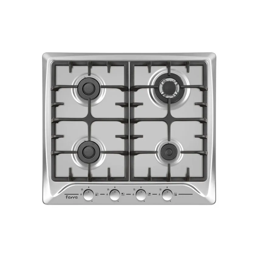 Ferre 4 Burner Cast Iron Hob With Wok Burner - Inox Silver