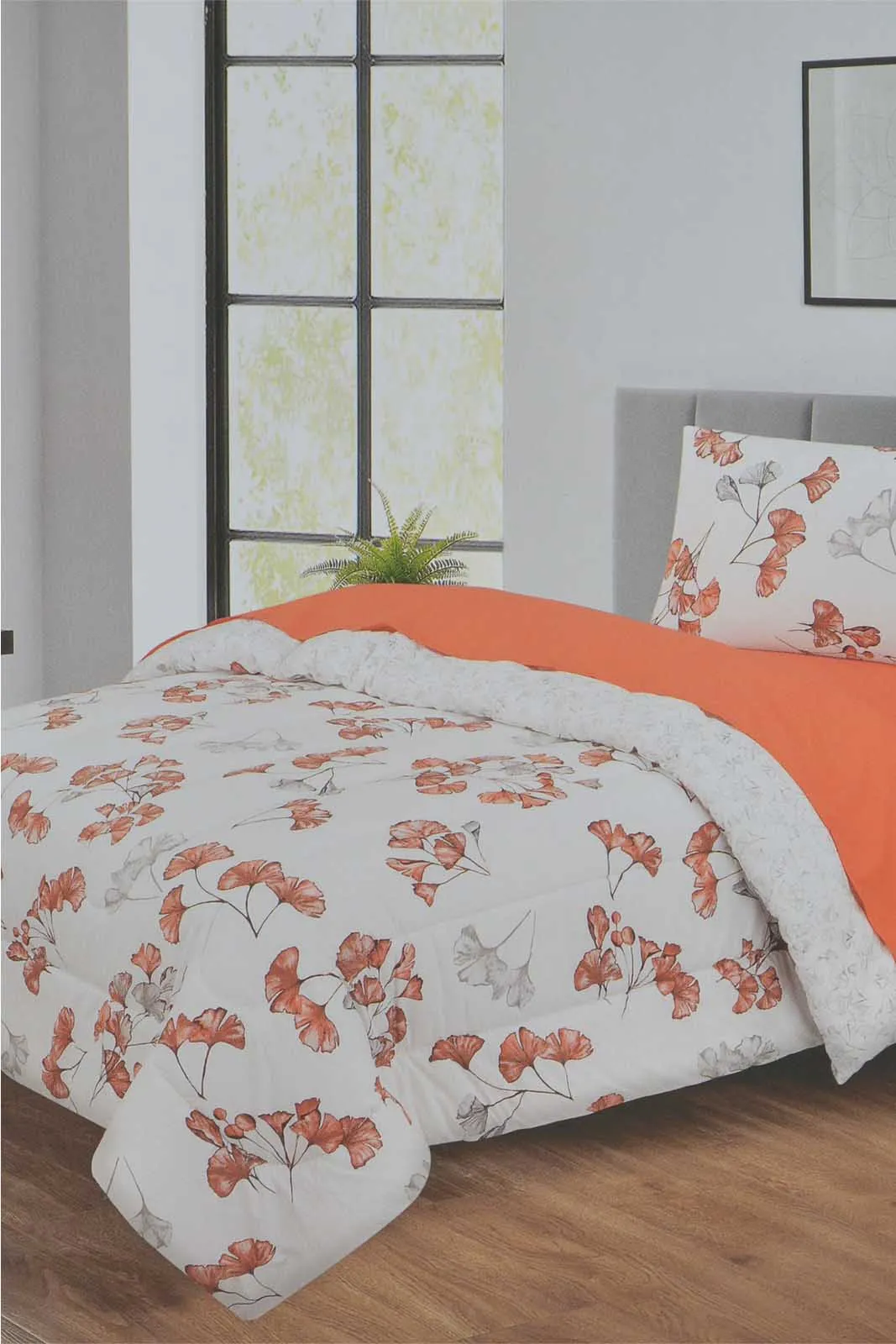 Grey And Orange 3-Piece Comforter Set (Single Size)