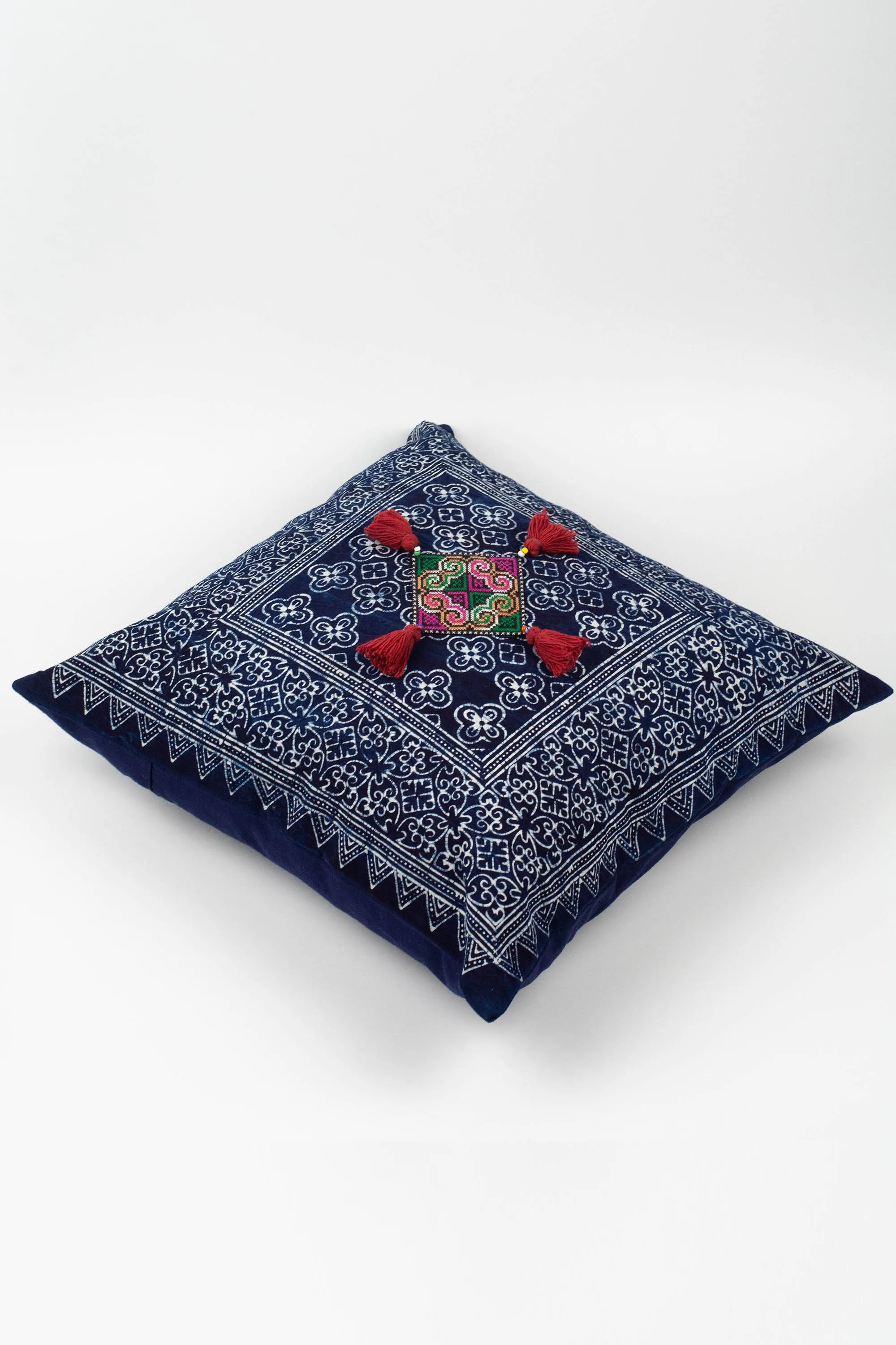 Hmong Indigo Batik Cotton Pillowcase with Red Tassels