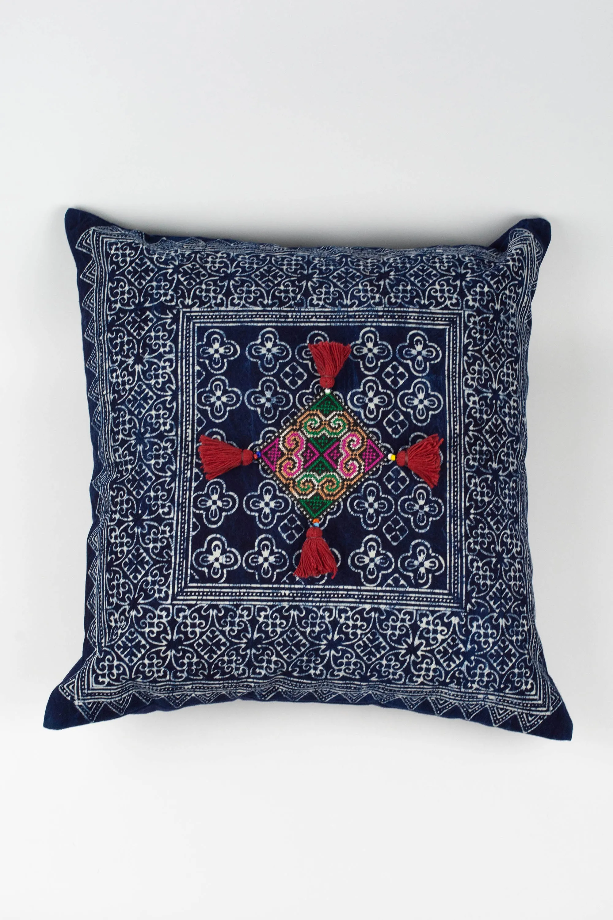 Hmong Indigo Batik Cotton Pillowcase with Red Tassels