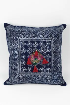 Hmong Indigo Batik Cotton Pillowcase with Red Tassels