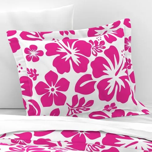 Hot Pink on White Hawaiian Hibiscus Flowers Pillow Sham