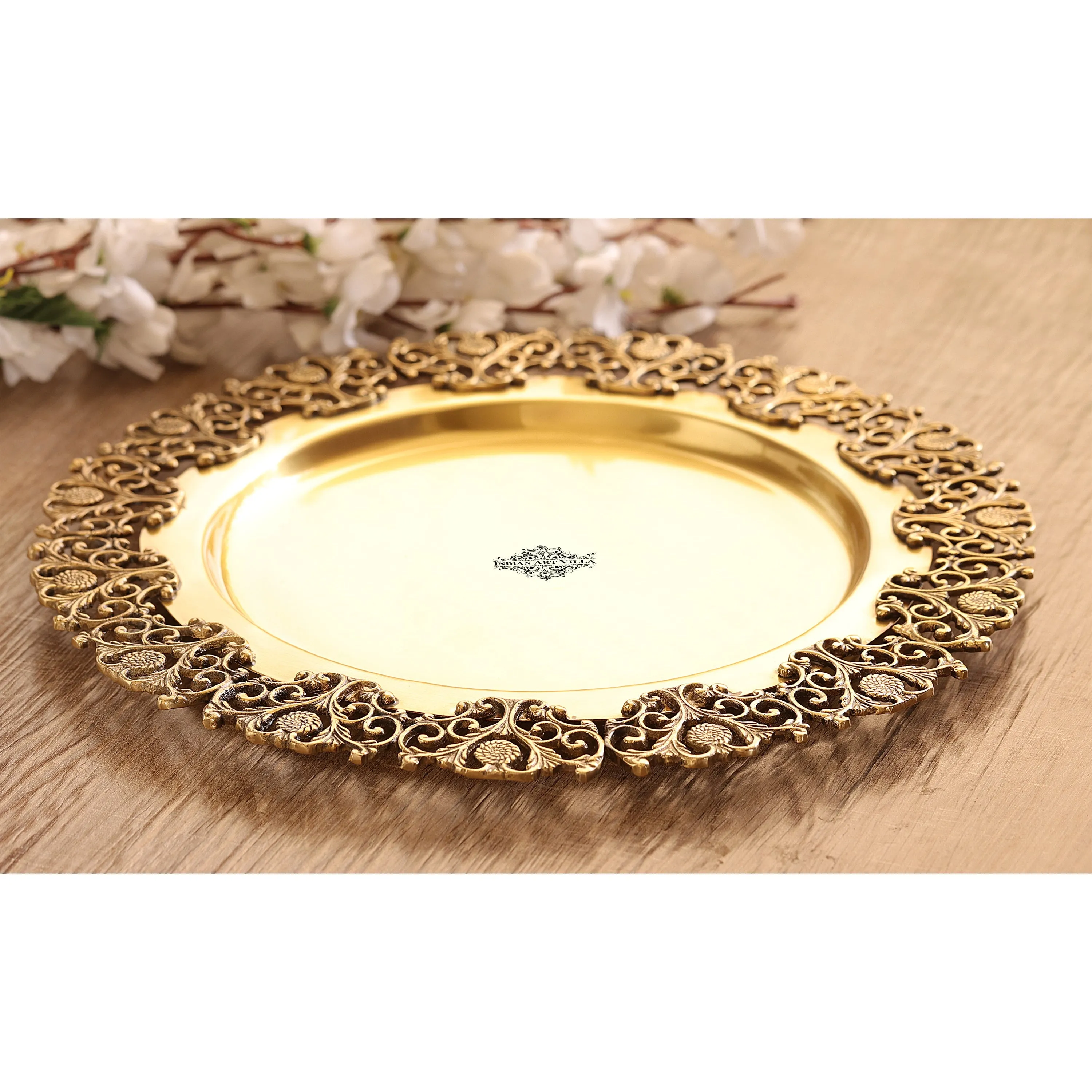 Indian Art Villa Brass Matt Finished Decorative Round Shape Designer Tray 37.34 cm