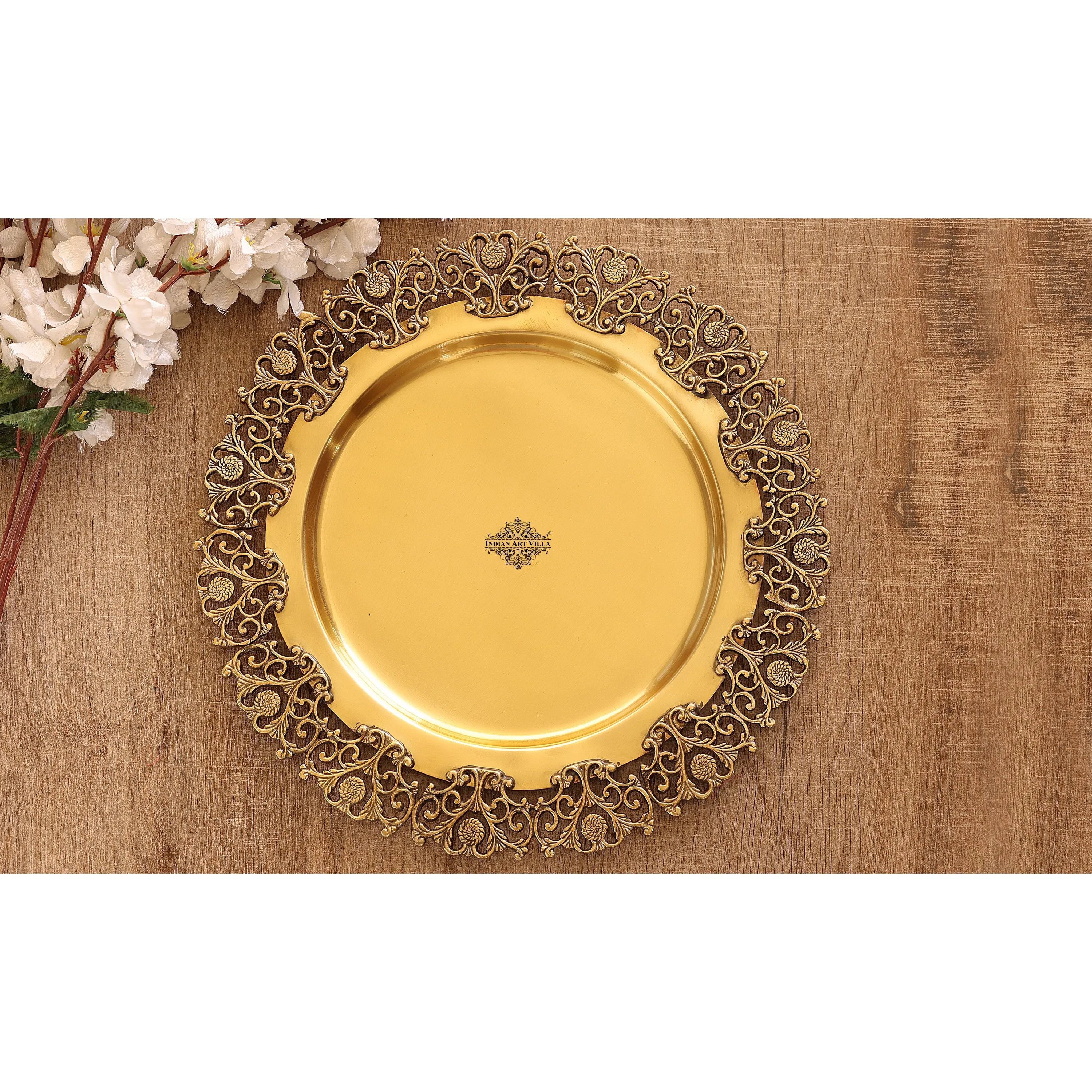 Indian Art Villa Brass Matt Finished Decorative Round Shape Designer Tray 37.34 cm