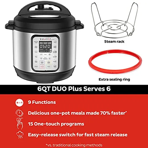 Instant Pot Duo Plus 6 Quart 9-in-1 Electric Pressure Cooker, Slow Cooker, Rice Cooker, Steamer, Sauté, Yogurt Maker, Warmer & Sterilizer, 15 One-Touch Programs,Stainless Steel/Black