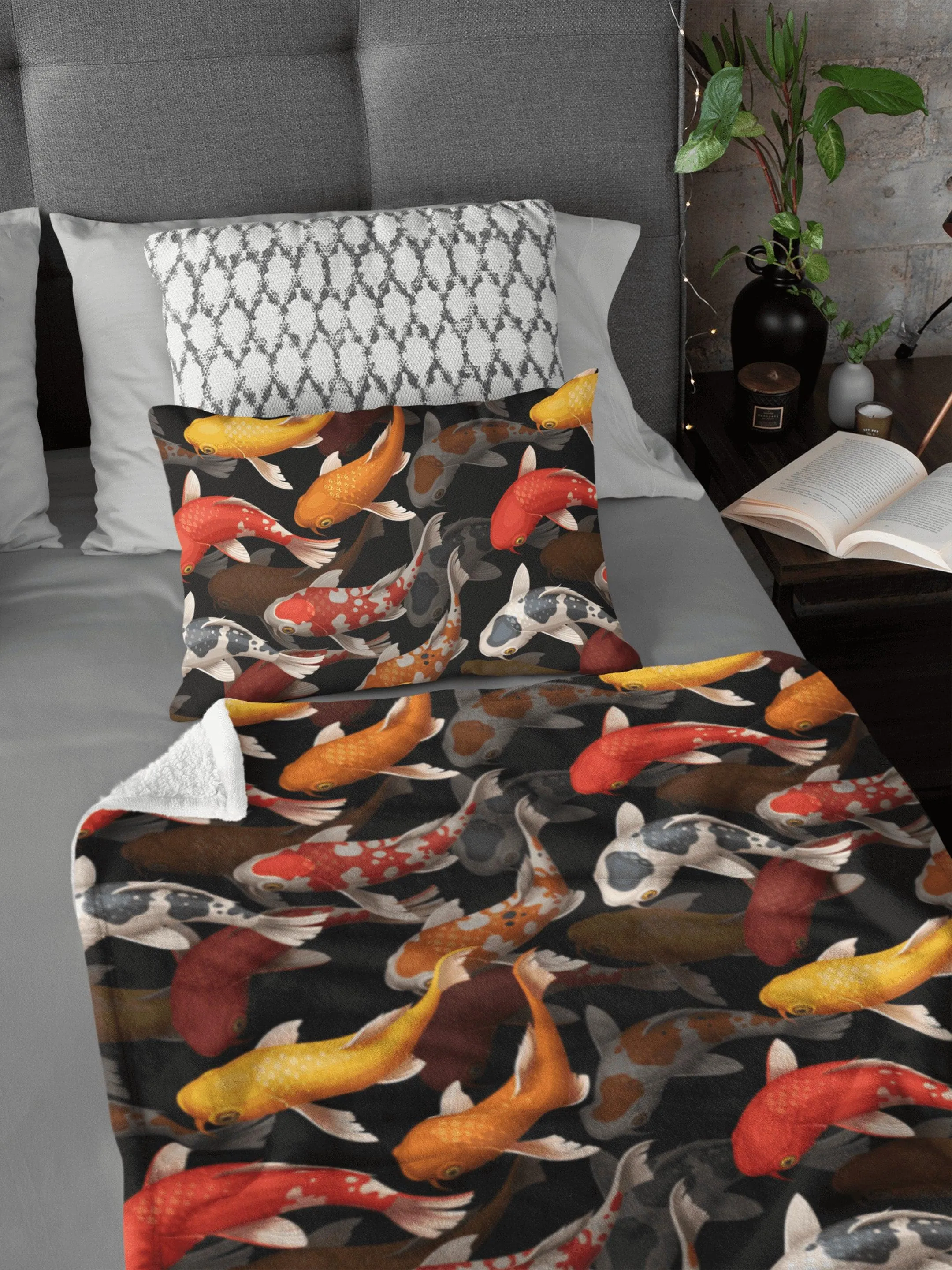 Japanese Koi Fish Black Soft Fluffy Velvet Flannel Fleece Throw Blanket