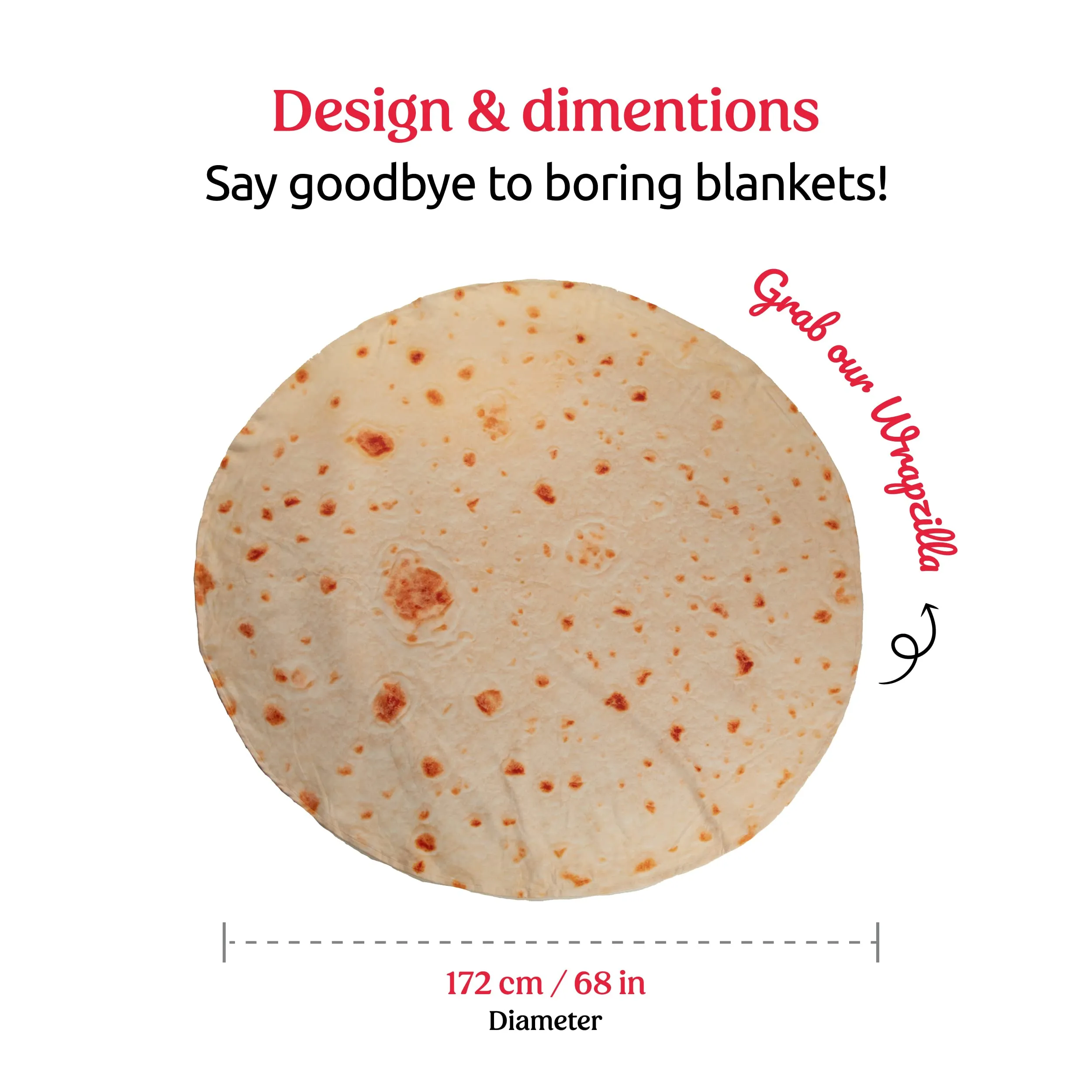 JUICEBERRY Burrito Blanket/Tortilla Blanket Throw for Kids & Adults; Lightwight & Soft for Sofa, Couch, Bed & Travel; Gifting for Foodies (Food Blanket, Round 172cm, Pack of 1, Polar Fleece, Beige)