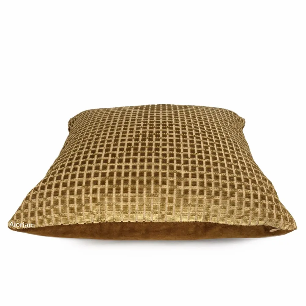 Kensington Honey Brown Small Checks Silk Velvet Pillow Cover (Fabric by the Yard available)