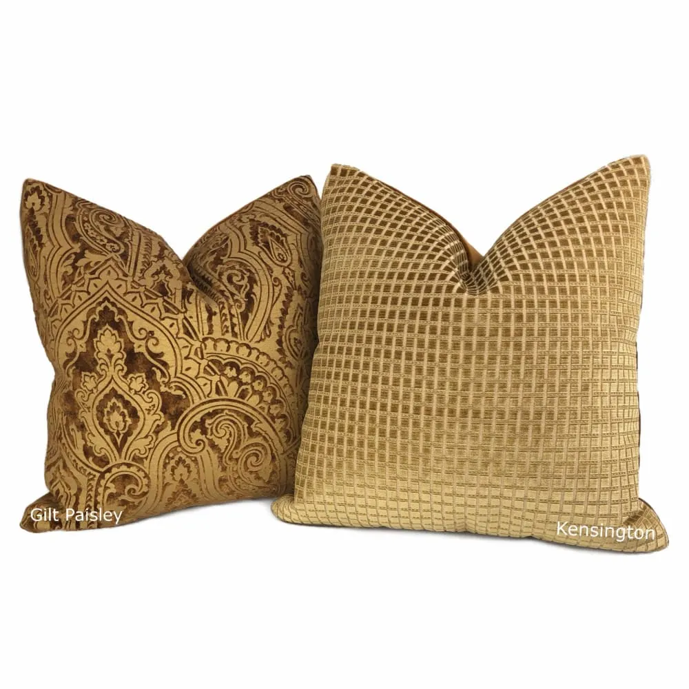 Kensington Honey Brown Small Checks Silk Velvet Pillow Cover (Fabric by the Yard available)