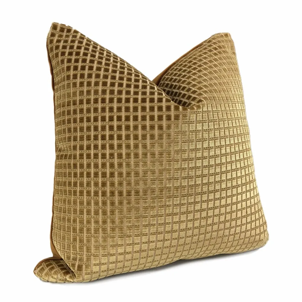 Kensington Honey Brown Small Checks Silk Velvet Pillow Cover (Fabric by the Yard available)