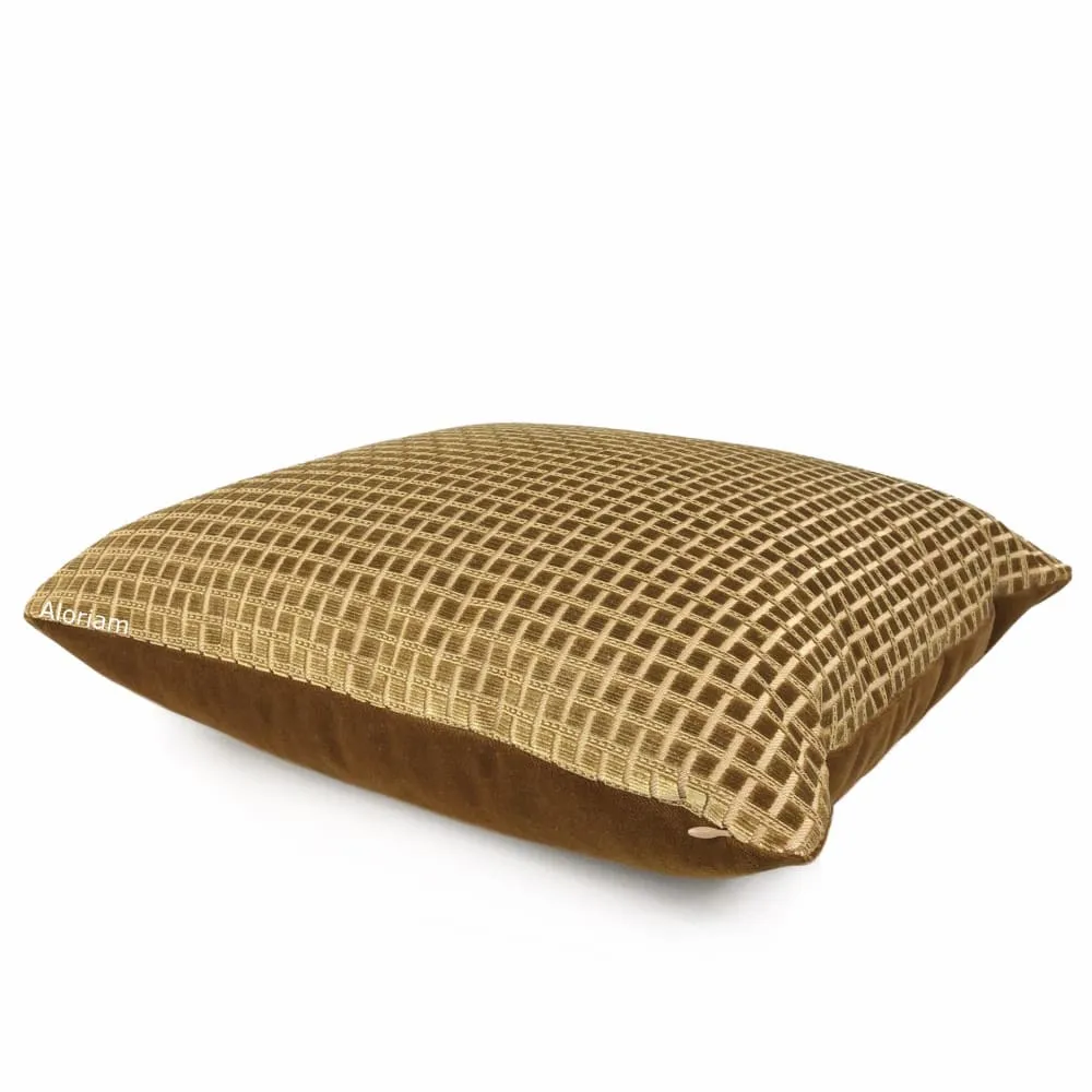 Kensington Honey Brown Small Checks Silk Velvet Pillow Cover (Fabric by the Yard available)