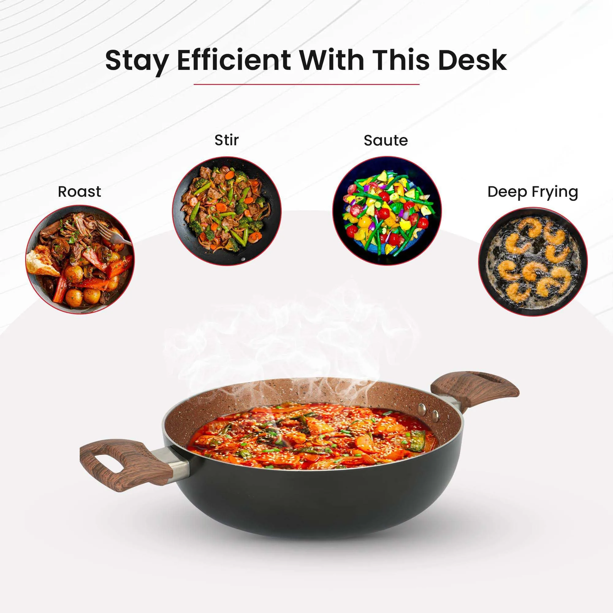 Kuber Industries 3.6L Aluminium Non-Stick Kadai for Cooking with Riveted Bakelite Handle & Lid | Deep Fry Cookware Wok for Kitchen | Kadhai Induction Base for Cooking | Majestic Midnight