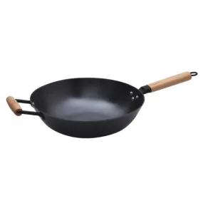 La gourmet Nitrigan 30cm Cast Iron Wok with Long Wooden Handle   Helper Handle (Induction)