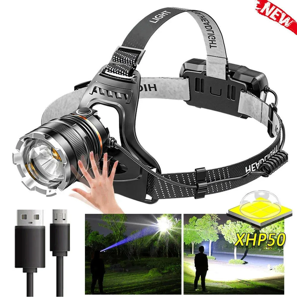 LED Headlamp Sensor XHP90.2 Headlight with 2*18650 Battery Flashlight USB Rechargeable Head Lamp Torch Light Lantern