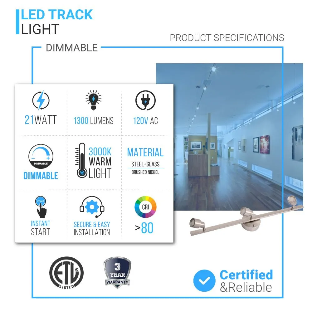 LED Track Lighting, Brushed Nickel Finish, Dimmable, 3000K, Flush Mount Spotlight Ceiling, Directional Ceiling Light for Dining Room, Bedroom, Office